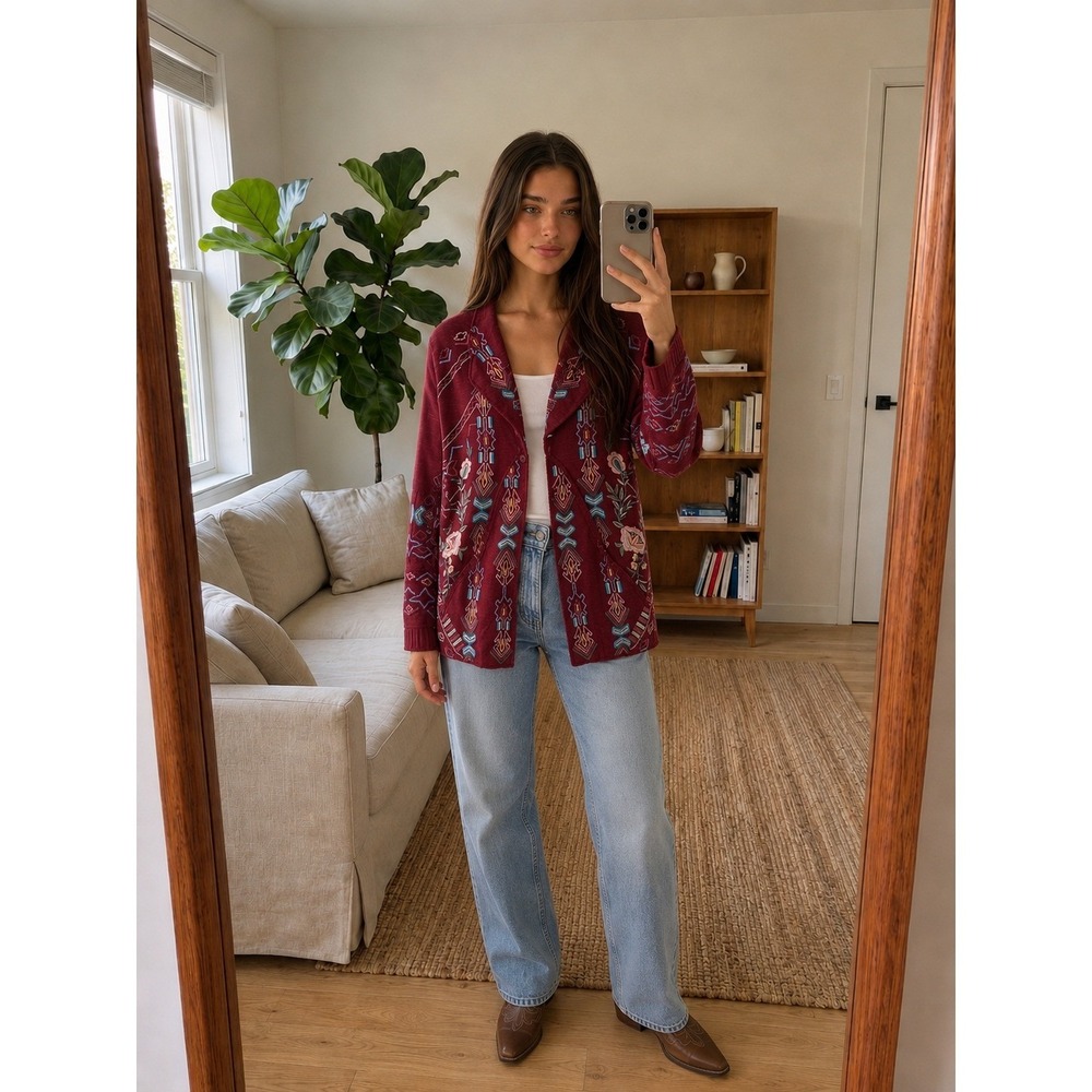 Coldwater Creek Embroidered Jacket S/M Burgundy Open Front Boho‎ Southwestern